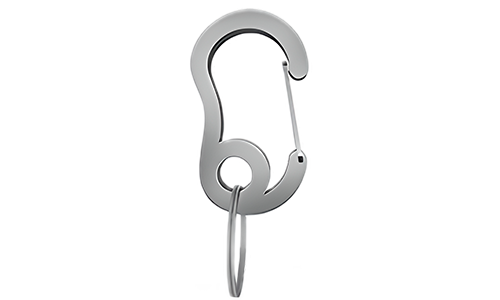 Srebrny karabinek z małym pierścieniem rozdzielczym, trwały, 16x27mm, do mocowania adresówek lub akcesoriów na obrożach.