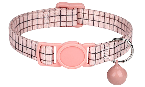 Różowa obroża dla kota w kratkę, regulowana, lekka, z dopasowaną różową klamrą i dzwonkiem.