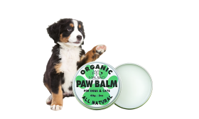 Organiczny Balsam do Łap dla Psów i Kotów Zielono-biała puszka i pudełko z organicznym, naturalnym balsamem dla łapek psów i kotów, 60g, bezpieczna formuła.