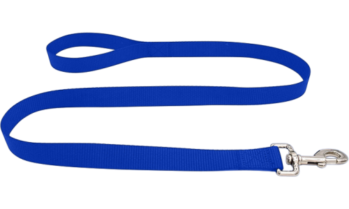 Trwała niebieska smycz nylonowa 120cm, łatwa do czyszczenia, trwały materiał i bezpieczne zapięcie srebrnym karabinkiem.