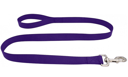 Trwała fioletowa smycz nylonowa 120cm, łatwa do czyszczenia, trwały materiał i bezpieczne zapięcie srebrnym karabinkiem.