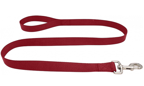 Trwała czerwona smycz nylonowa 120cm, łatwa do czyszczenia, trwały materiał i bezpieczne zapięcie srebrnym karabinkiem.